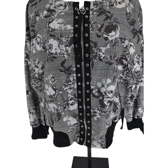 Rachel Roy Woman's Grey Full Zip Bomber Jacket Size 2X Plaid Floral Pockets Edgy - Picture 4 of 11